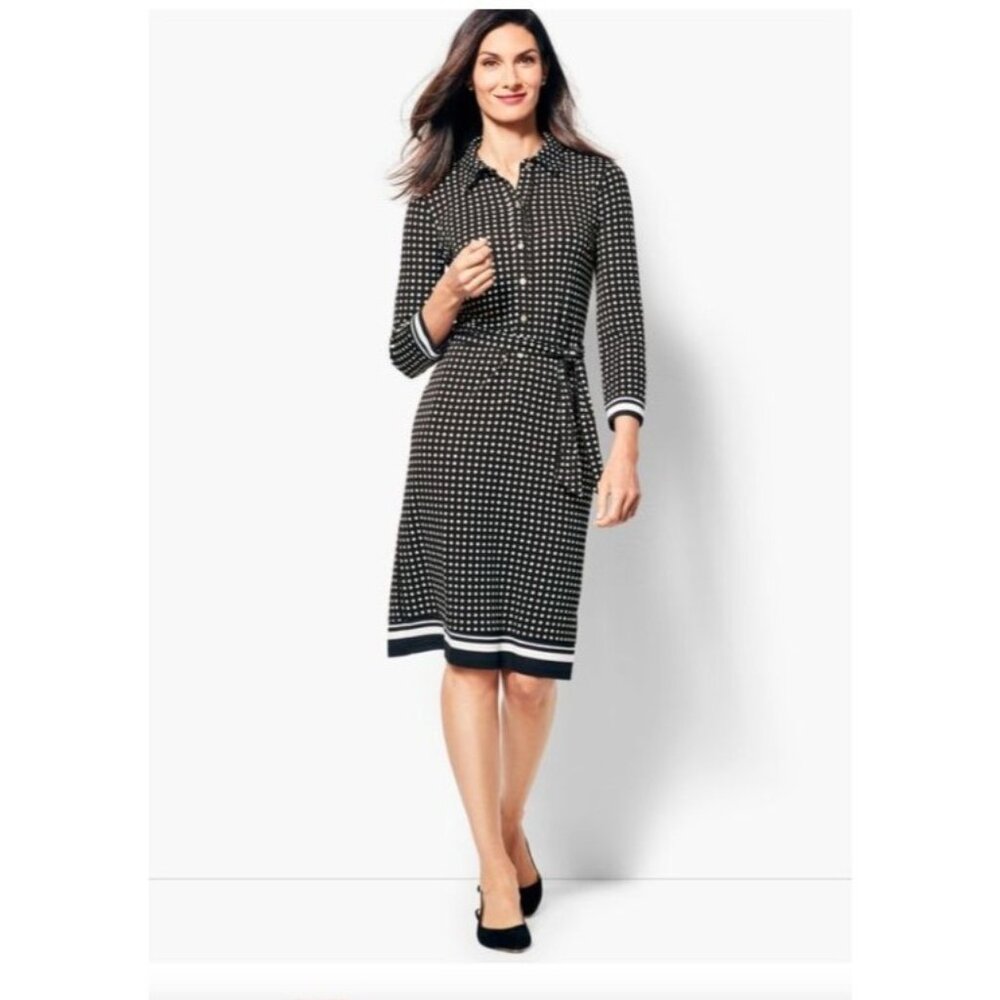 Talbots Womens Black Polka Dot Shirt Dress size Medium 3/4 Sleeve Belted knit